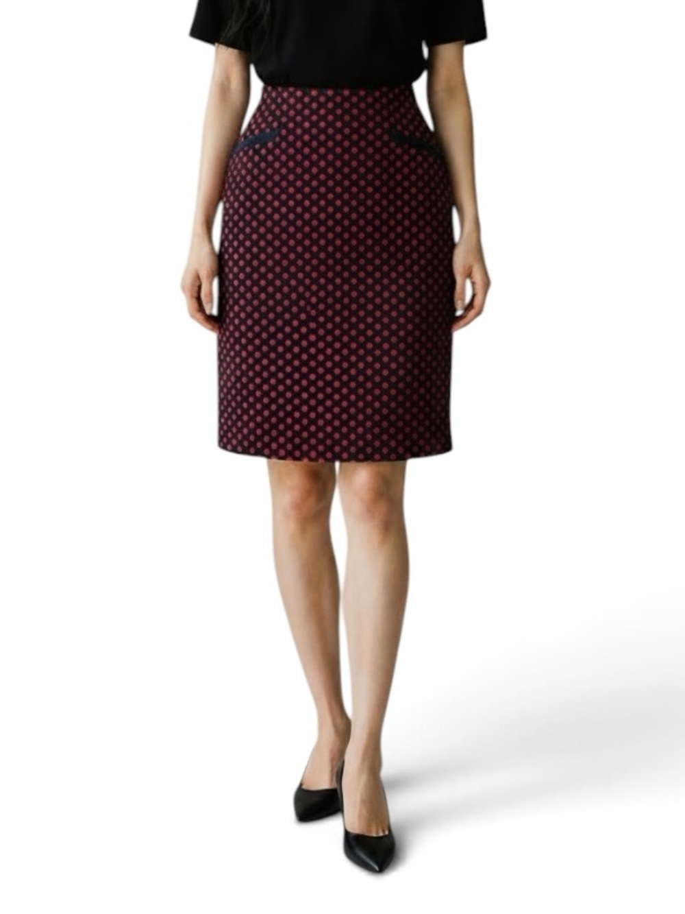 Talbots Polka Dot Red on Navy Wool Blend Pencil Skirt, 12 Petite